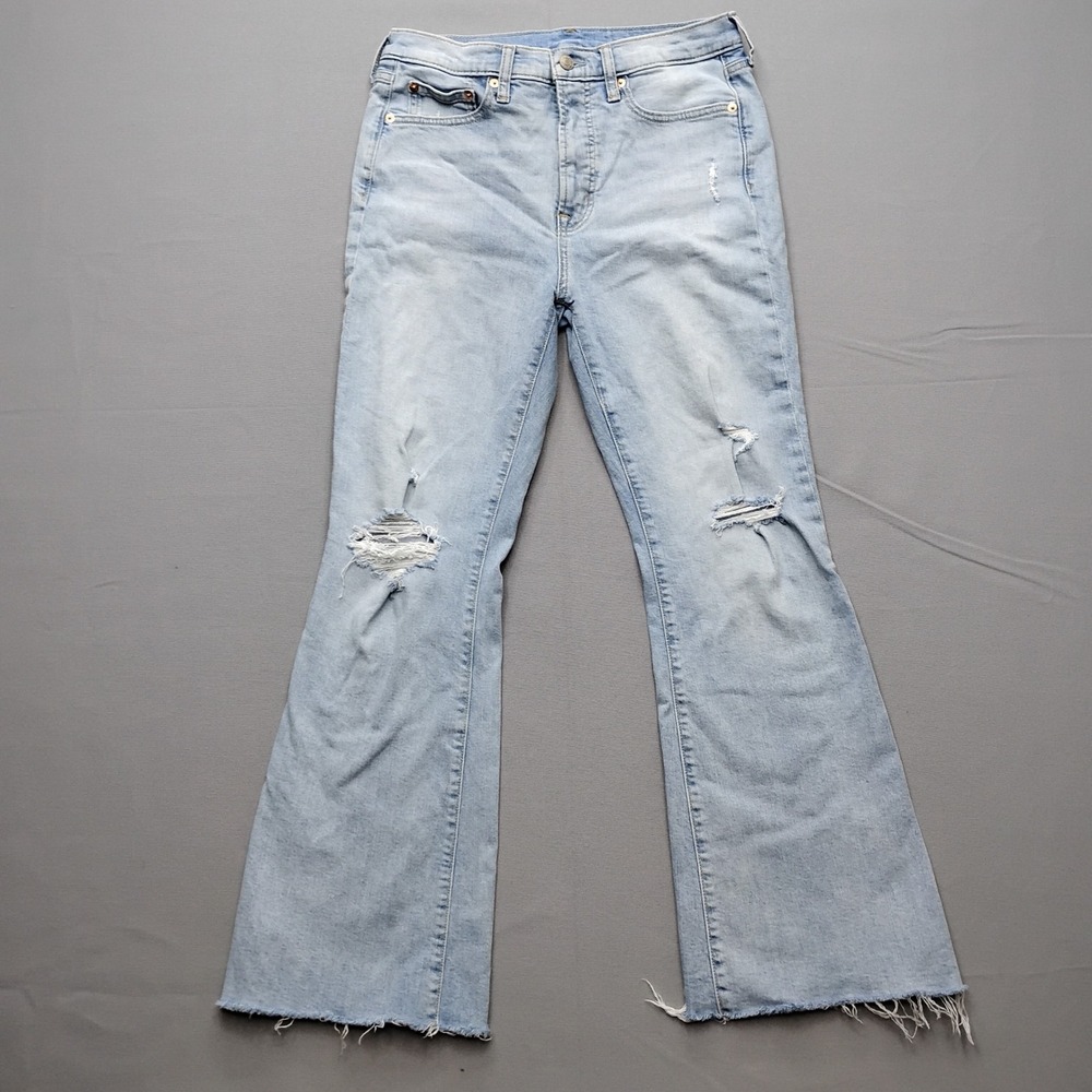 Gap 70s Flare High Rise Jeans Light Wash Distressed Raw Hem 10 Short 30x29